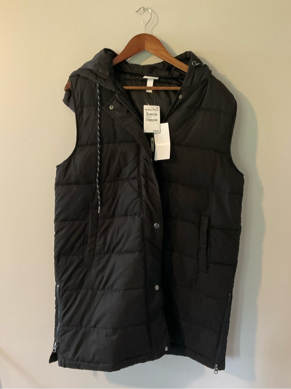 Zella Longline Hooded Quilted Puffer Vest Black Medium Hooded Zip Snap MSRP